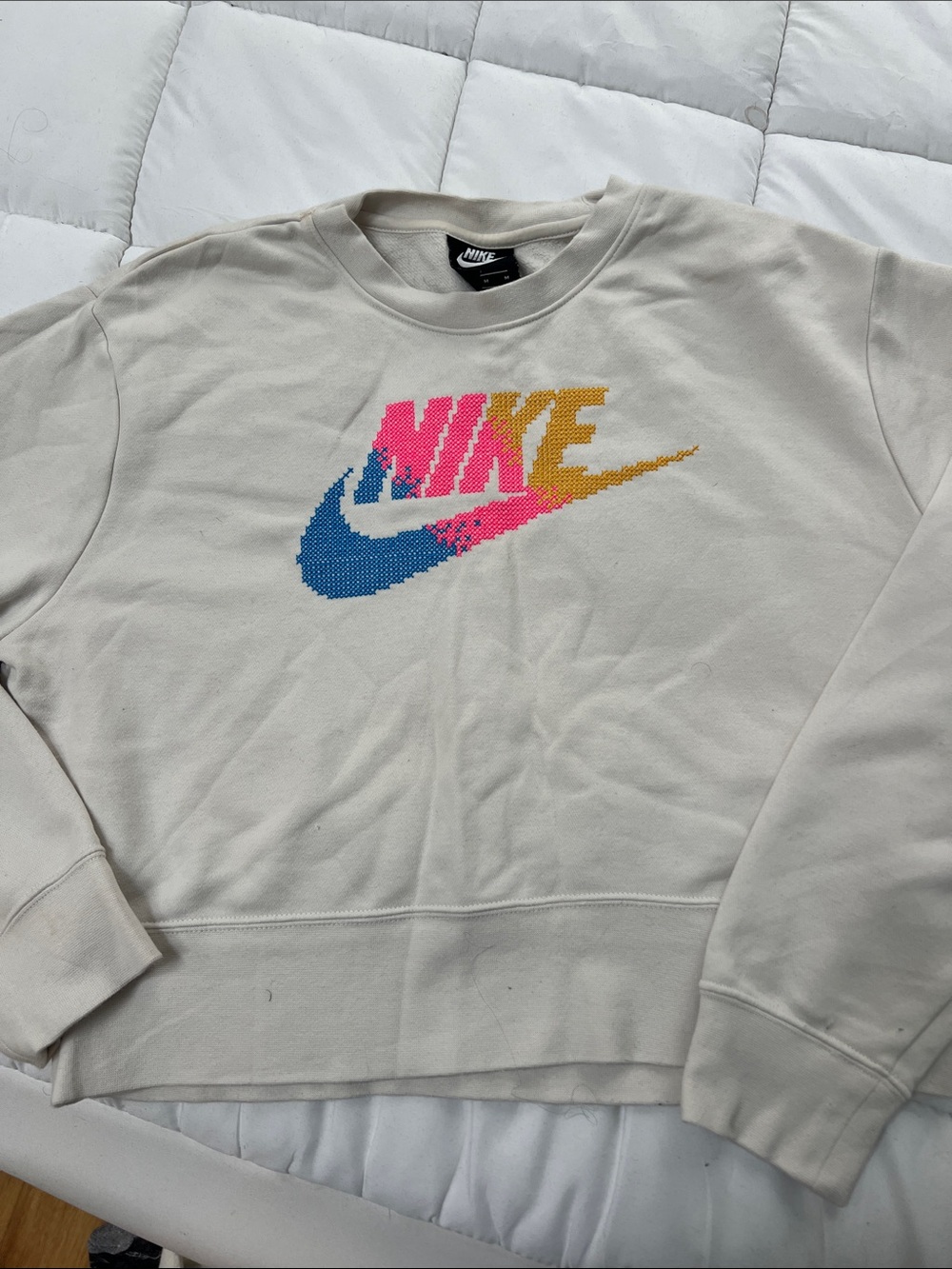 Nike Women's Cream Crewneck with Blue, Pink & Gold Pixel Swoosh